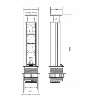 Przedłużacz biurkowy wpuszczany 60mm 3-gniaz z USB czarny
