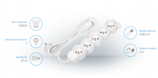 Przedłużacz listwowy 5-gniazdkowy 1,5m biały