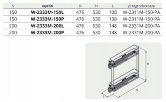 Cargo mini boczne, lewe, 200mm, 2-poziomy, srebrne, na prowadnicy tandem