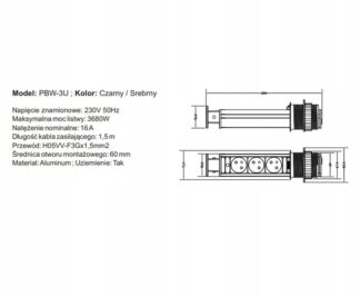 Przedłużacz biurkowy wpuszczany 60mm 3-gniazdkowy srebrny